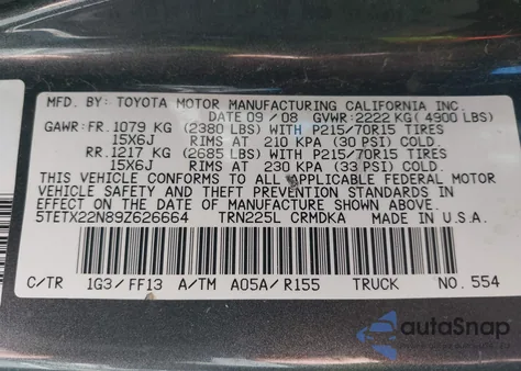 2009 Toyota Tacoma from USA, damaged, VIN 5TETX22N89Z626664